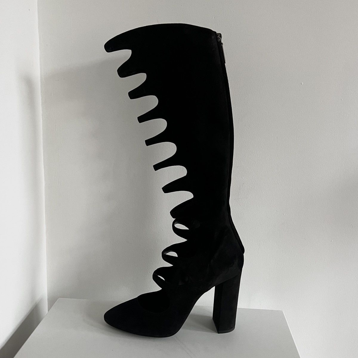 Saint Laurent black suede cut out knee high boots