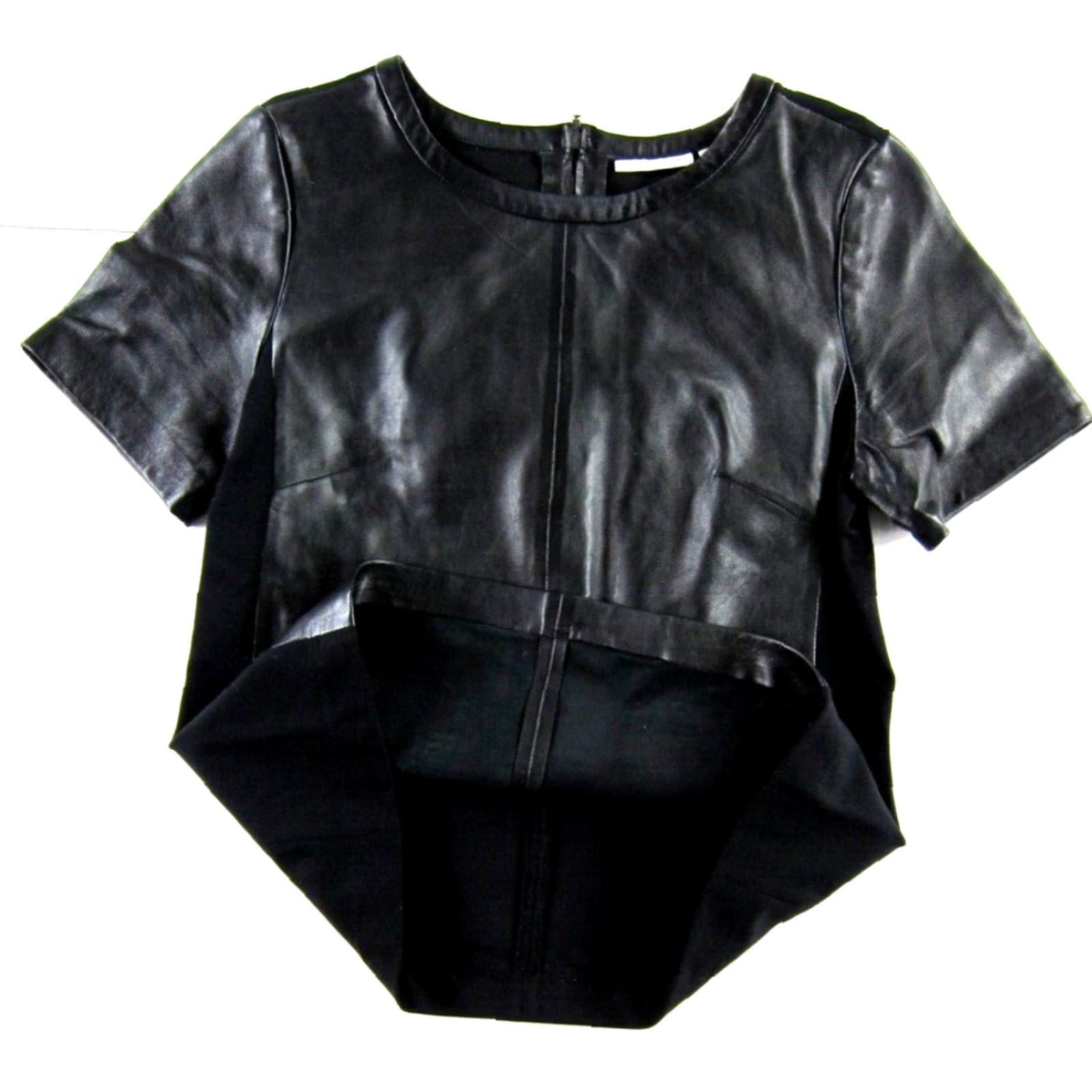 Vintage VINTAGE Halogen Blouse Shirt Women XS Leather 100% Black Stretch Zip Short Sleeve Panel Round Neck Size XS / US 0-2 / IT 36-38 - 4 Thumbnail