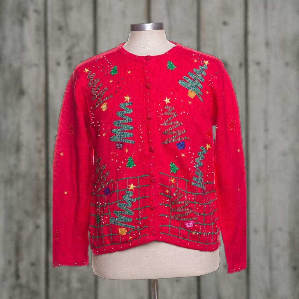 Vintage VINTAGE Red Ugly Christmas Cardigan Segue Cardigan Mens Womens XL Red 42” 23” Ramie Cotton Holiday Trees Shirt/Coat Size M / US 6-8 / IT 42-44 - 1 Preview
