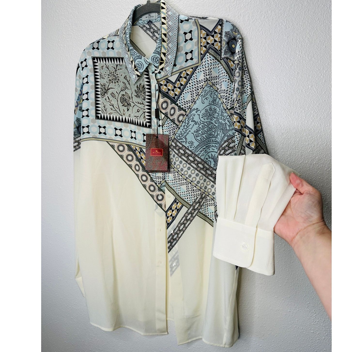Etro ETRO Cream Blue Multi Geometric Print Collar Blouse 46 / L Size L / US 10 / IT 46 - 4 Thumbnail
