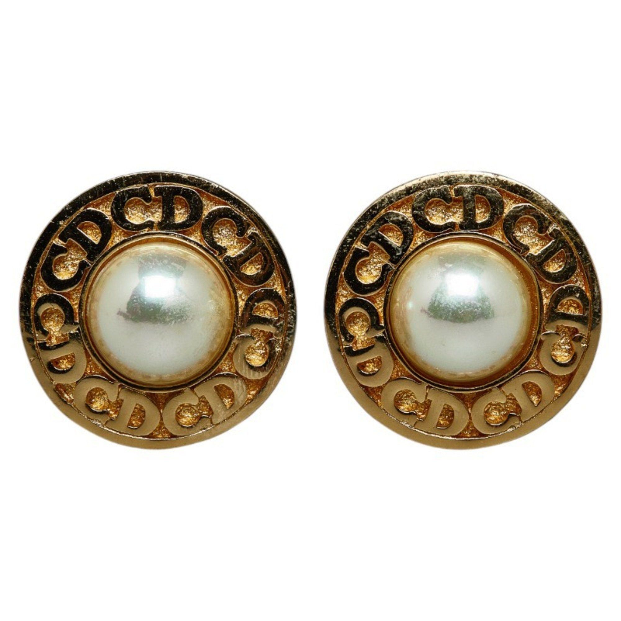 image of Christian Dior Dior Cd Round Earrings Gold Plated Faux Pearl Women's