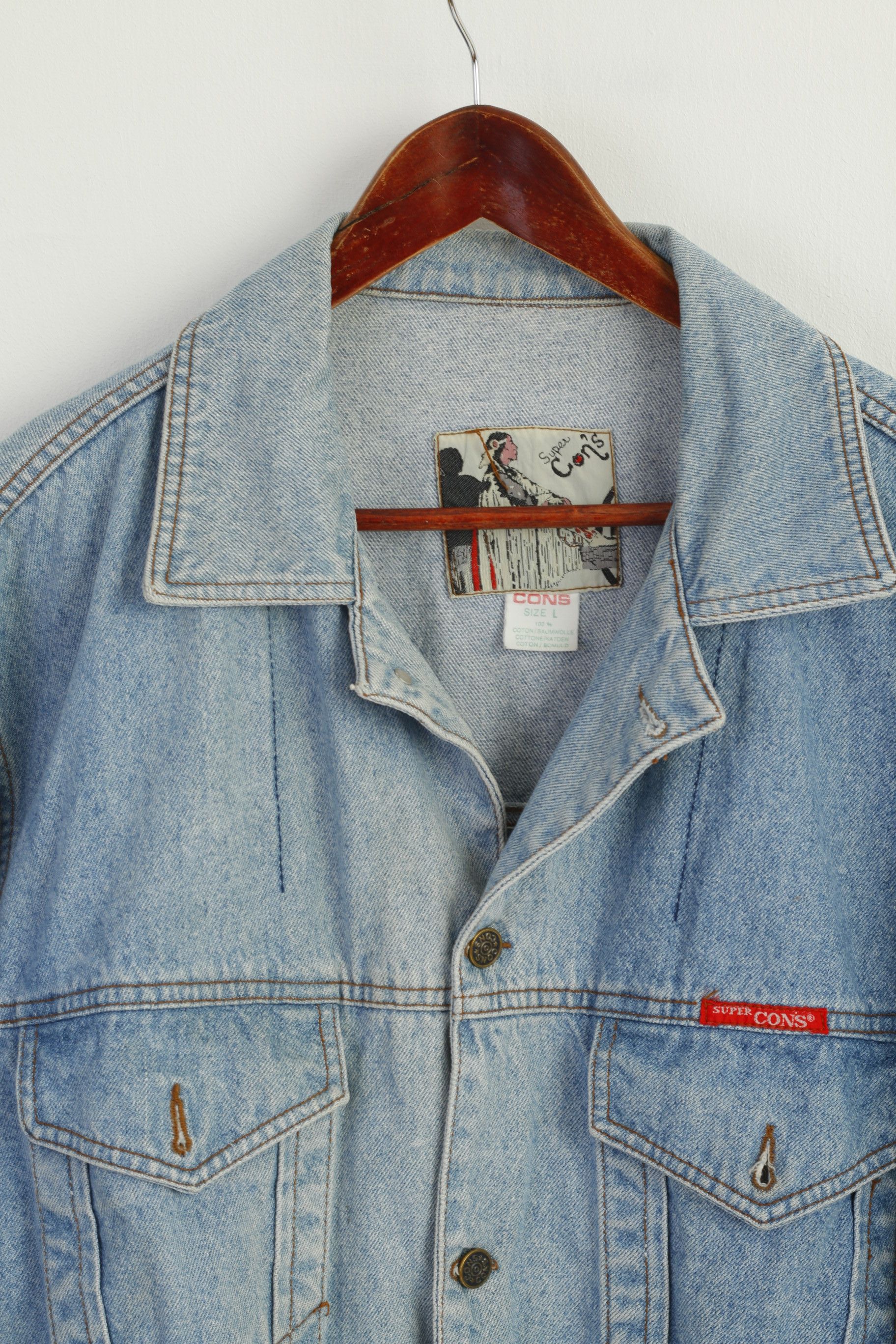 Vintage SUPER CONS Men L Denim Jacket Light Blue Cotton 9555 Size US L / EU 52-54 / 3 - 3 Thumbnail