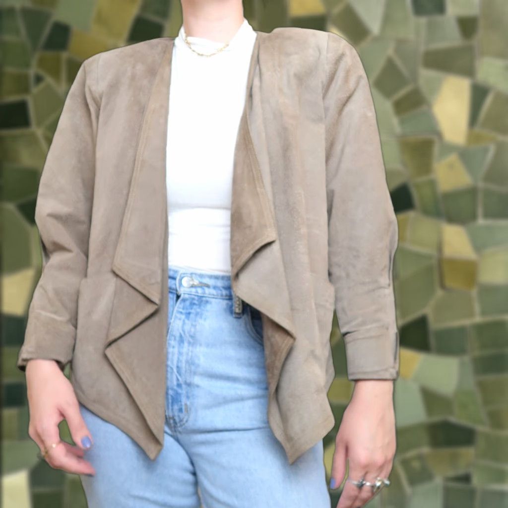 Vintage VINTAGE 80s Petite Sophisticate Suede Leather Jacket S Taupe Brown Pig Suede Waterfall Collar Casual Womens Size S / US 4 / IT 40 - 1 Thumbnail
