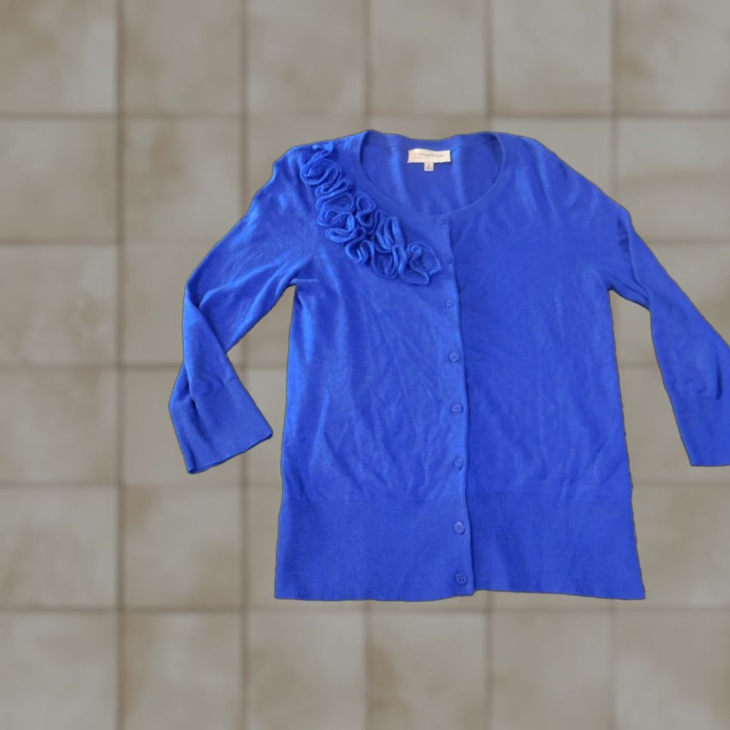 Jones New York Jones New York Cardigan Sweater Womens Medium Blue Sport Knit Open-Knit Round Neck Pullover Cotton Rayon Classic Logo Size M / US 6-8 / IT 42-44 - 1 Thumbnail