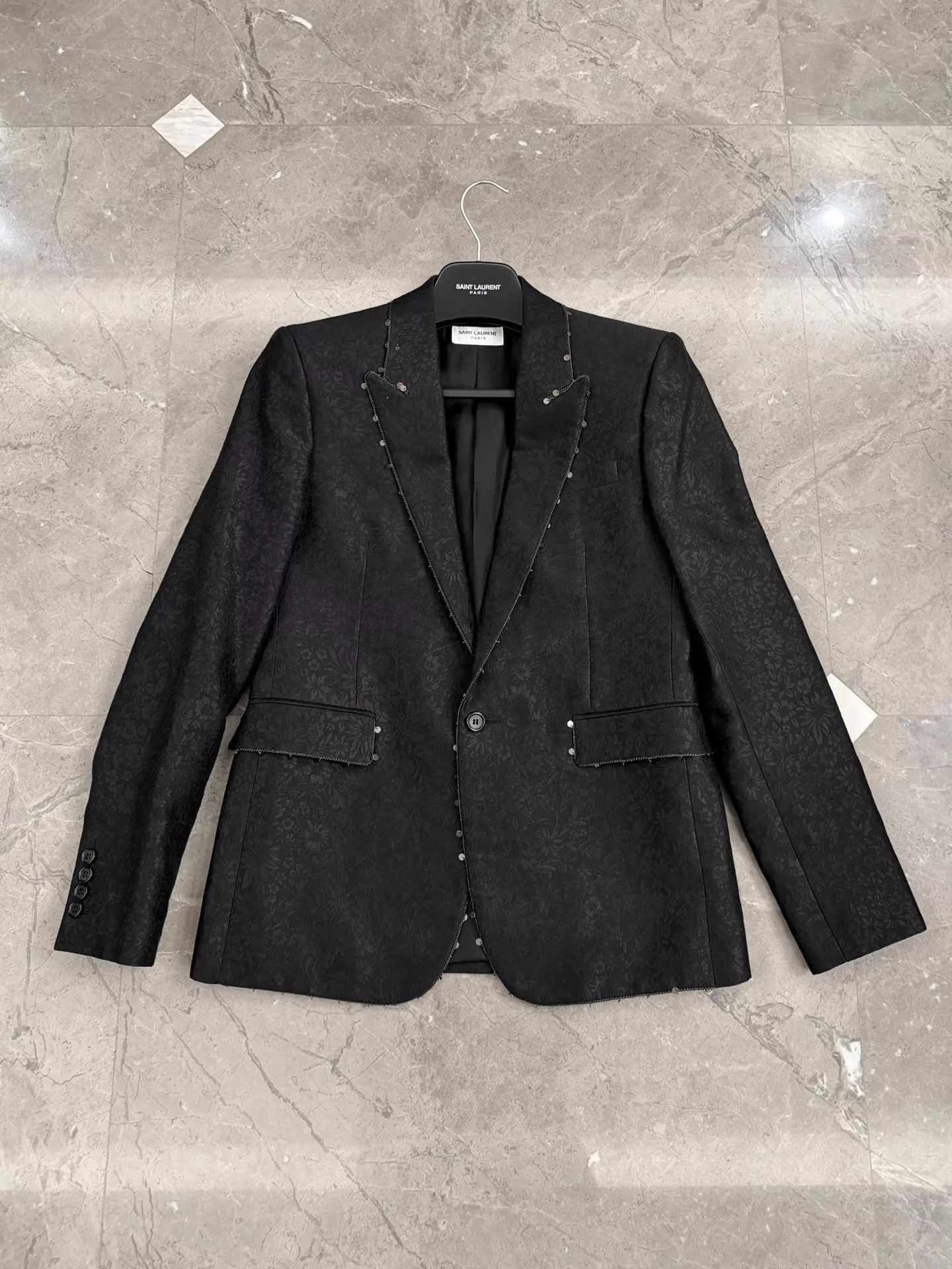 Saint Laurent Paris Black Floral Pattern Studded Blazer Size US M / EU 48-50 / 2 - 1 Thumbnail