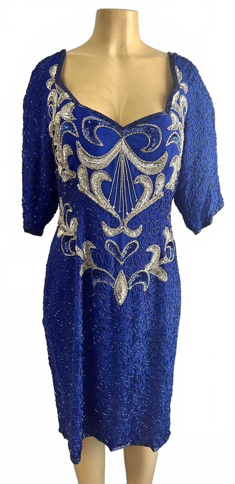 Other Sequin Evening Handbeaded Dress Royal Blue/Silver size 10 Size L / US 10 / IT 46 - 1 Thumbnail