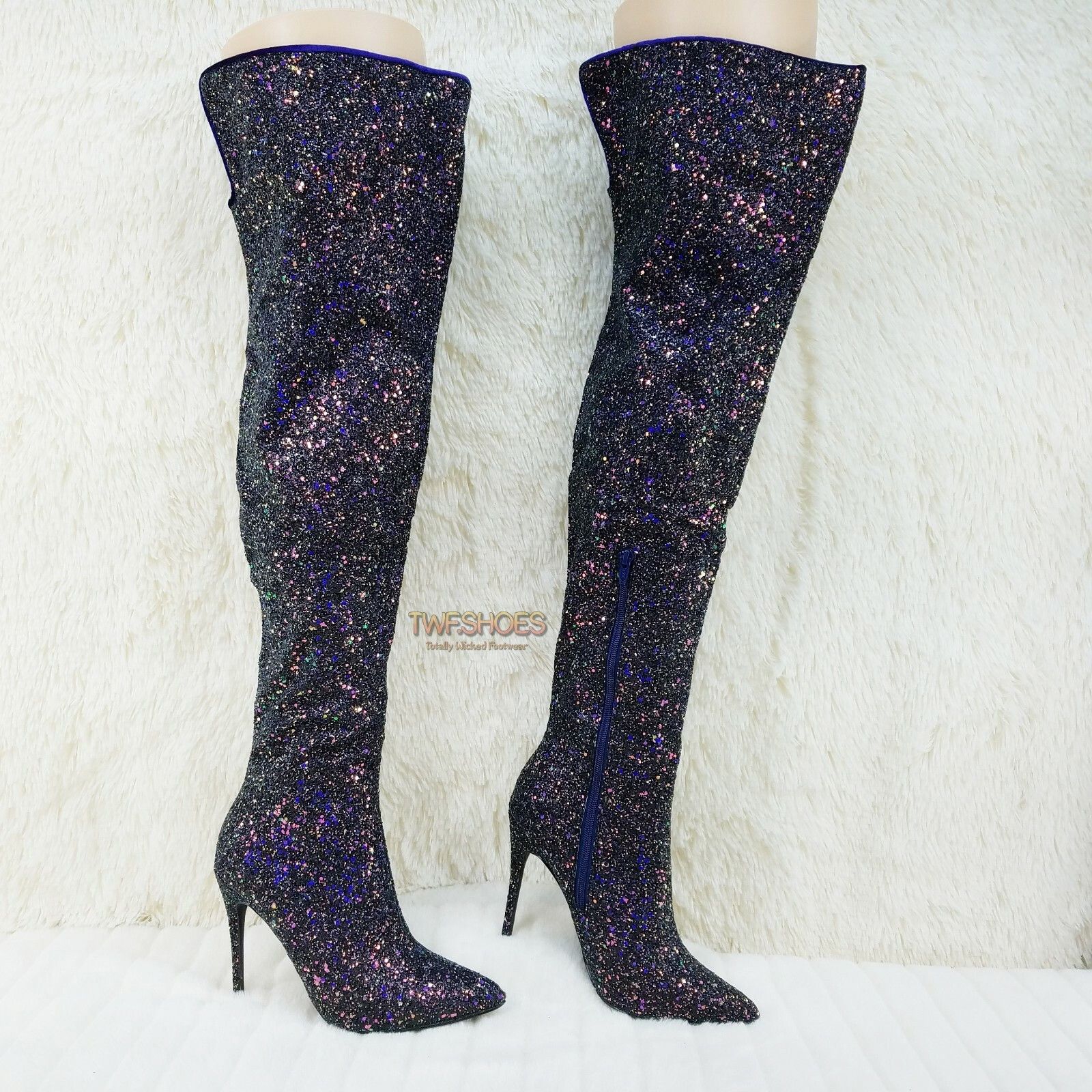 Other Courtly Black Multi Color Glitter 3015 Thigh High Boots 5" Size US 12 / IT 42 - 1 Thumbnail
