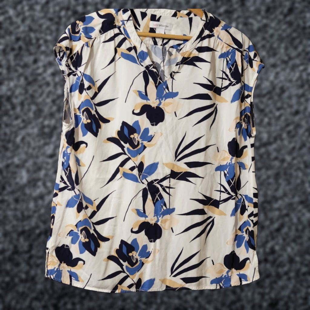 Liz Claiborne Liz Claiborne Floral Sleeveless Blouse Womens L 100% Rayon White/Blue/Mustard Casual V-Neck Pullover Regular Shirt Mens? Size L / US 10 / IT 46 - 1 Thumbnail