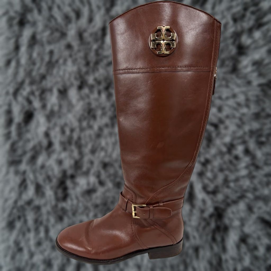 Tory Burch TORY BURCH Riding Boot Brown Leather Knee High 8.5 M Women Logo Side Zip Leather Lining Classic Leather Outsole Size US 8.5 / IT 38.5 - 1 Thumbnail
