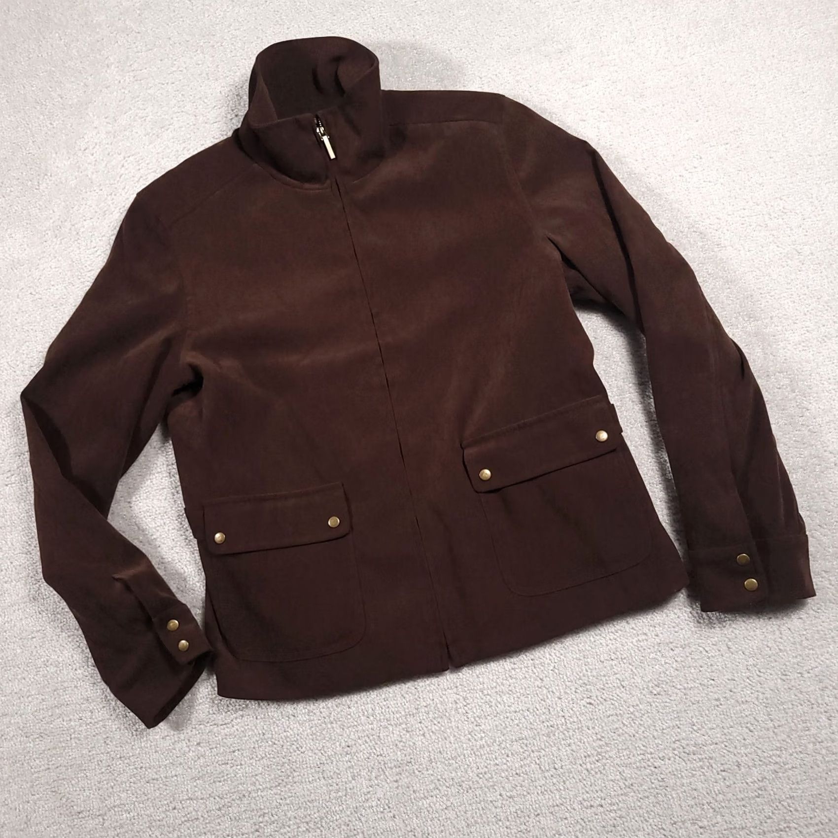 Talbots Talbots Womens Full Zip Jacket 10P Petite Brown Long Sleeve Shoulder Pads Size L / US 10 / IT 46 - 2 Thumbnail