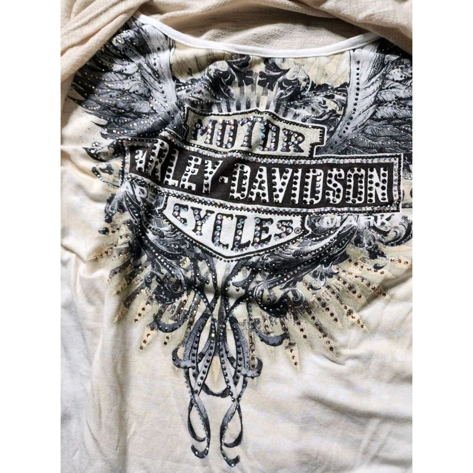 Harley Davidson VINTAGE Harley-Davidson Women's Cardigan Sweater 2-in-1 Open Lace Rhinestone Long Sleeve Beige 90s Motorcycle Oversized Size L / US 10 / IT 46 - 2 Thumbnail