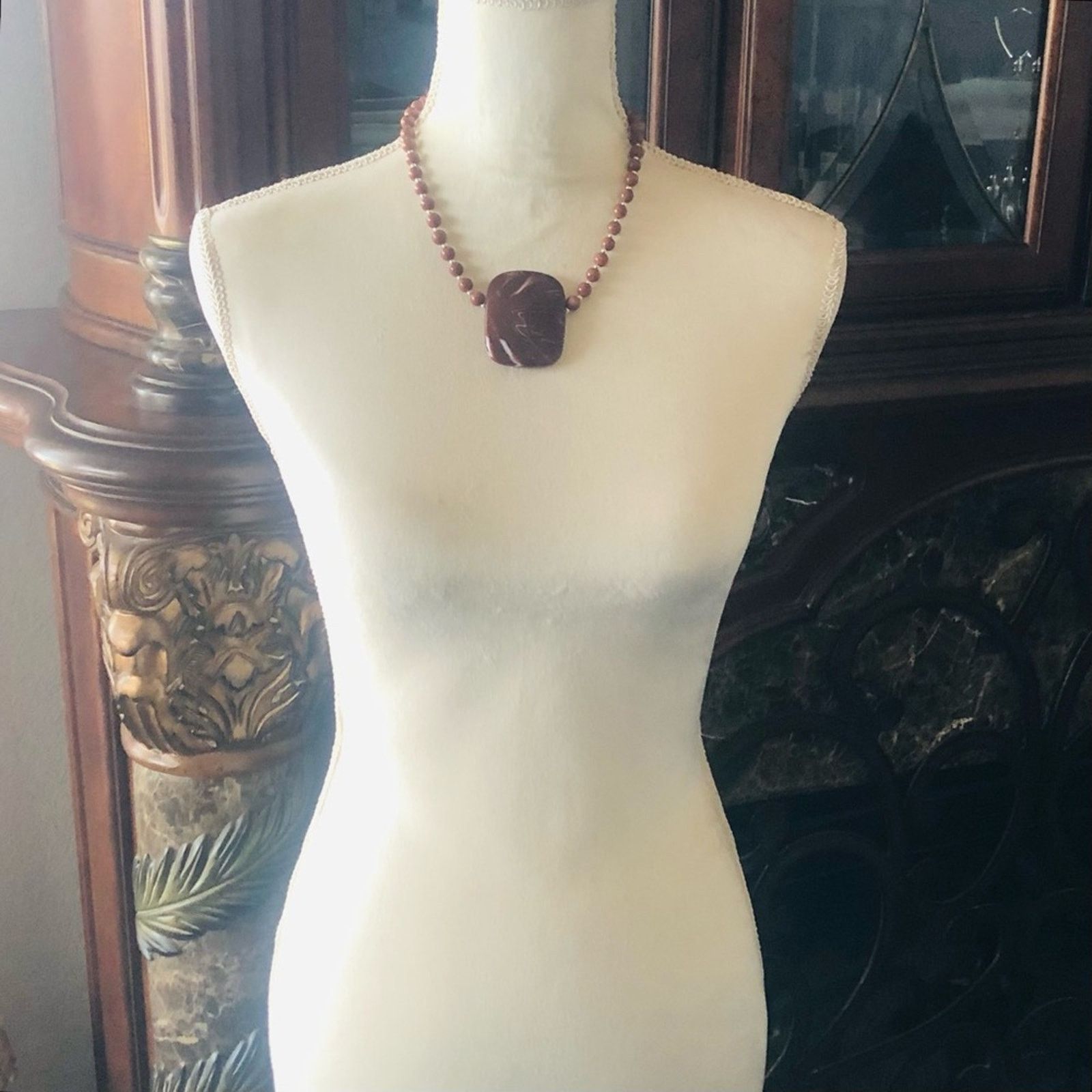 Handmade Handcrafted large marble medallion goldstone bead necklac Size ONE SIZE - 7 Thumbnail