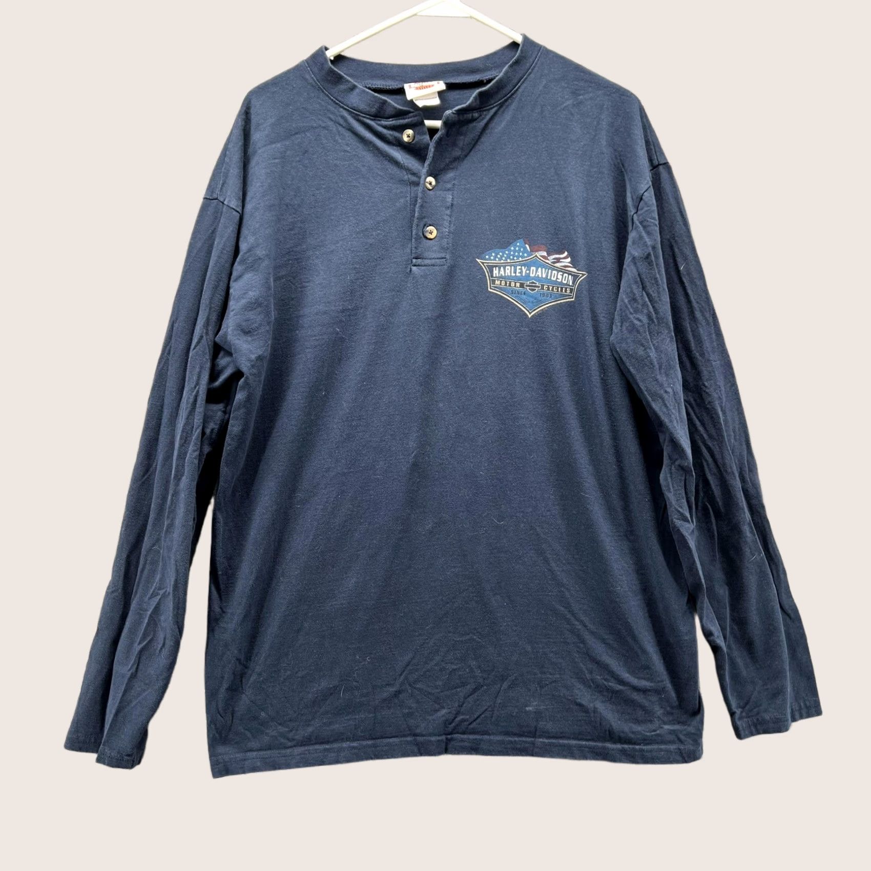 Harley Davidson Harley-Davidson Shirt Mens Large Navy Long Sleeve Henley Flag Graphic USA Size US L / EU 52-54 / 3 - 1 Thumbnail