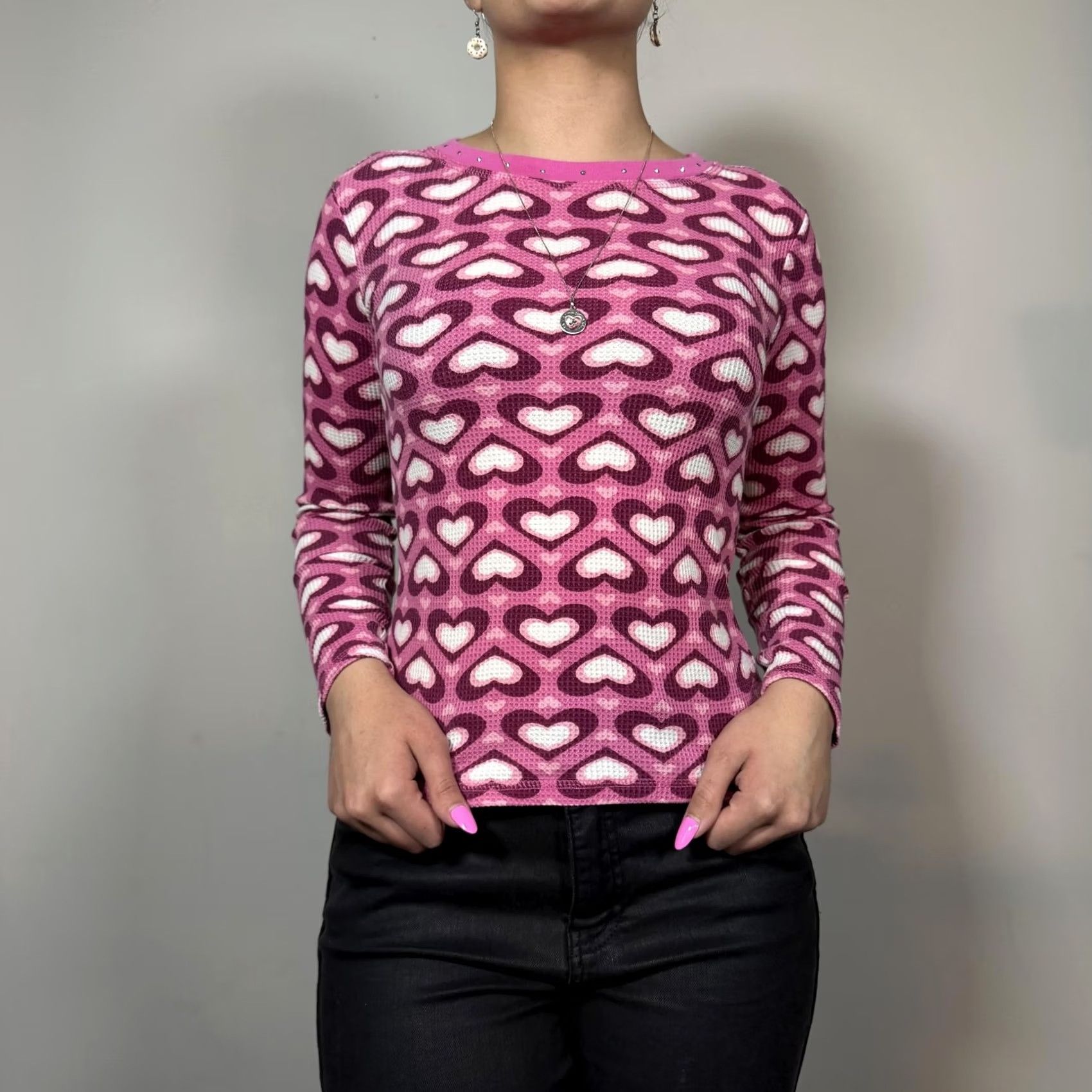 Pinko Y2K Pink Heart Thermal Shirt Womens S Pink Studded Long Sleeve Top Size S / US 4 / IT 40 - 2 Thumbnail