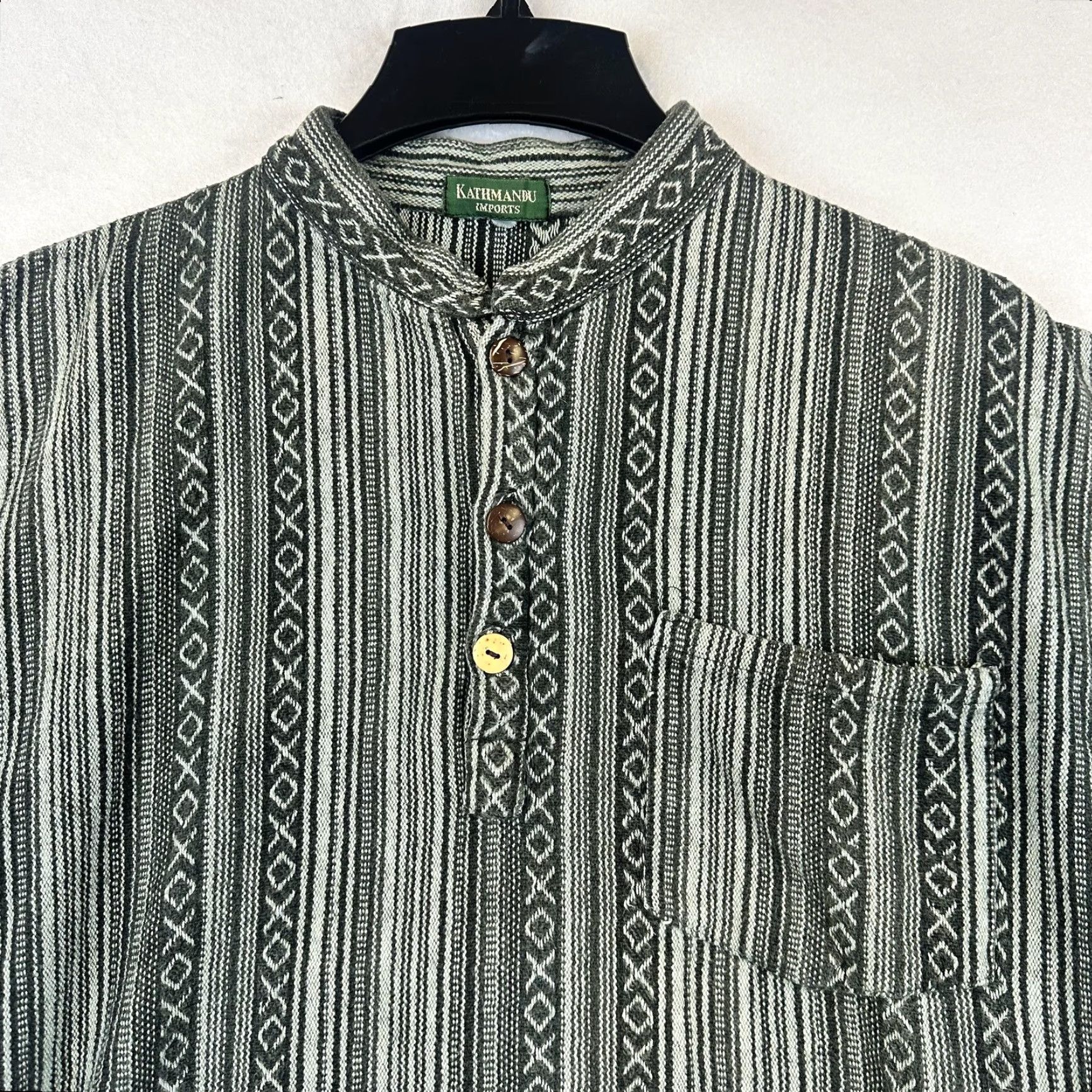 Kathmandu Kathmandu Imports Pullover Shirt Mens Large Striped Pocket Henley Button-Up Long Sleeve Gray Cotton Band Collarless Vintage No Size US M / EU 48-50 / 2 - 3 Thumbnail