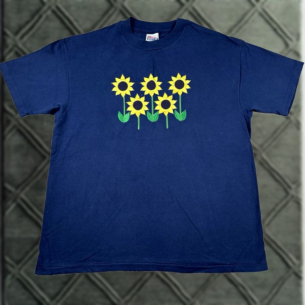 Hanes VINTAGE Hanes Sunflower Shirt Mens XL Embroidered Navy 90s Nature Hippie Crew Neck Cotton T-Shirt Wool? Size US XL / EU 56 / 4 - 1 Thumbnail
