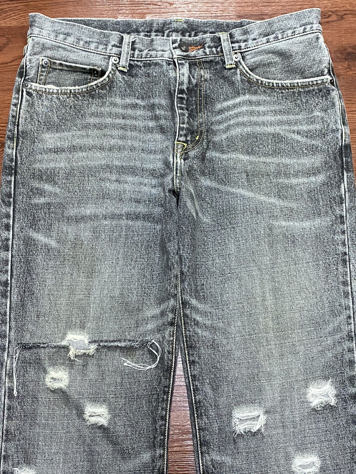 Vintage Uniqlo Black Denim Whisker Distressed Bootcut Jeans
