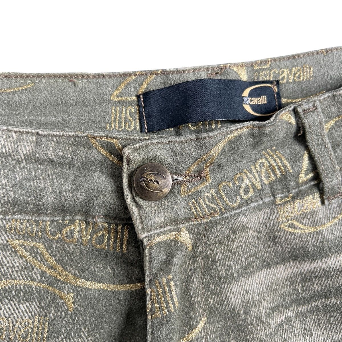 Just Cavalli ROBERTO CAVALLI MULTI LOGO PRINT JEANS y2k pants Size 29" - 3 Thumbnail
