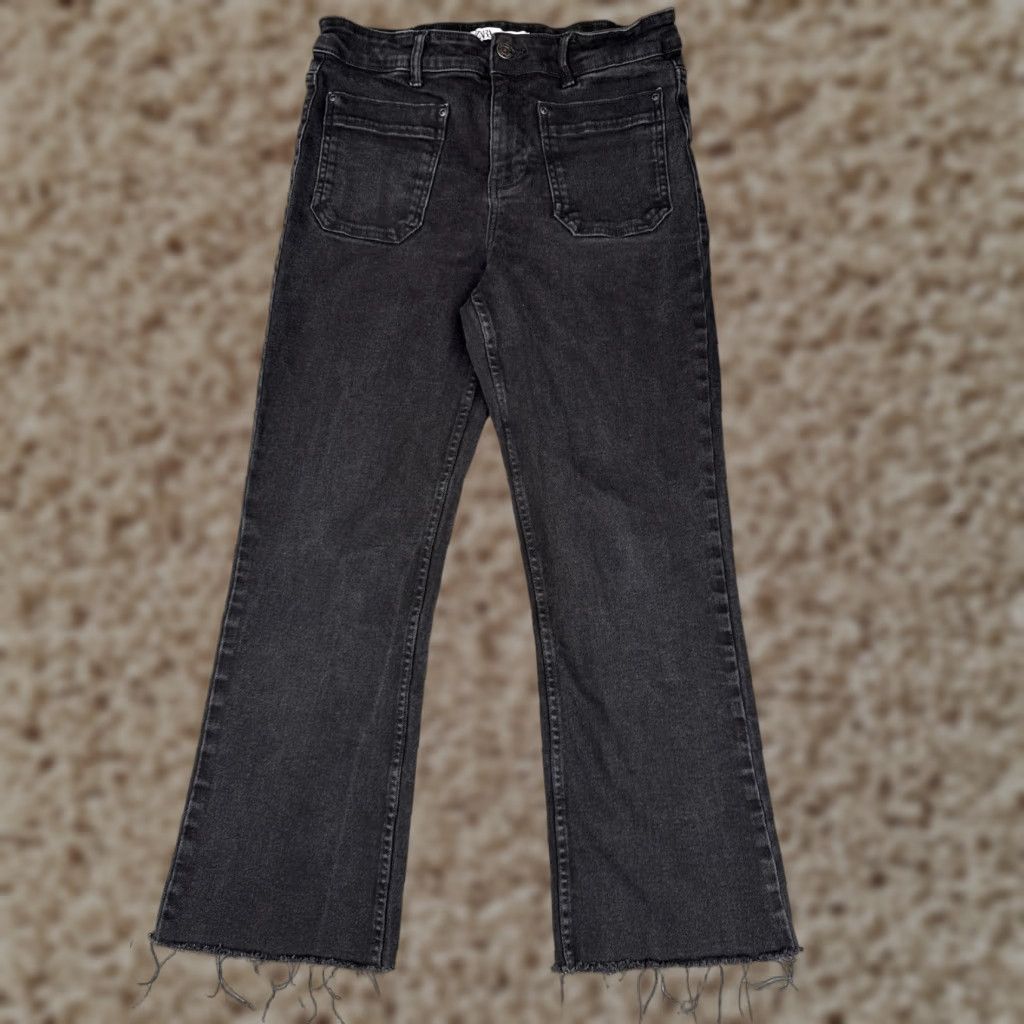 Zara Zara Jeans Women 8 Black Denim Wide Bootcut High Rise Cotton Blend Raw Hem 28x26 Jeans Womens 90s Retro Distressed Pockets Logo 5-Pocket Size 30" / US 8 / IT 44 - 1 Thumbnail