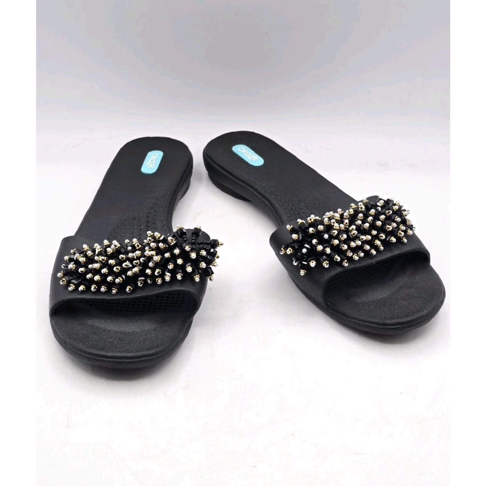 Vintage Oka-B Sandal Women’s Slide Black Multi LL 11.5-12 Casual Travel - Beaded Logo, Solid Pattern, Slip On, Flat Heel Womens Size US 11.5 / IT 41.5 - 2 Thumbnail