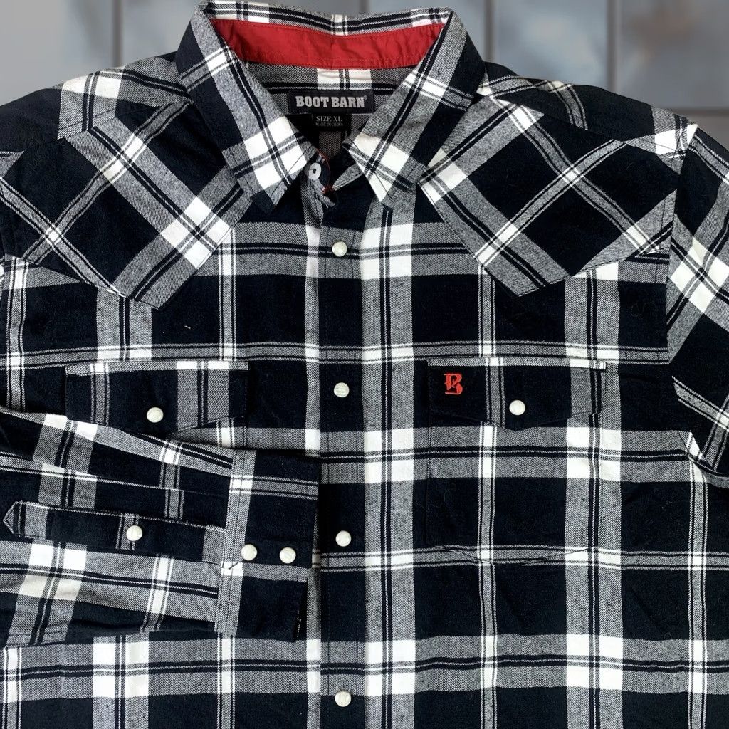 Vintage Boot Barn Shirt Plaid Flannel Pearl Snap Mens XL NWOT Black White Size US XL / EU 56 / 4 - 1 Thumbnail