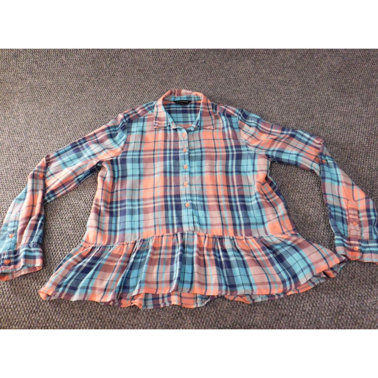 Express Express Button-Up Shirt Women M Blue Plaid Flannel Rayon Peplum Casual Shirt Size M / US 6-8 / IT 42-44 - 2 Thumbnail