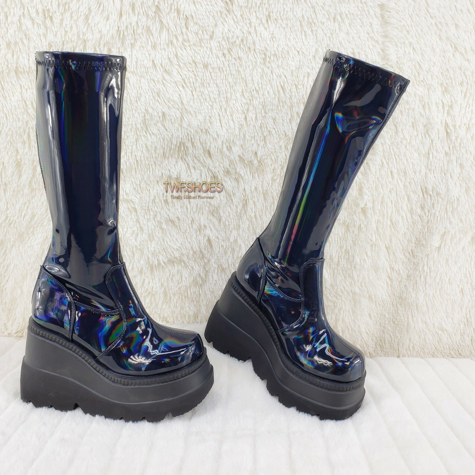 Demonia Cult DEMONIA Shaker 65 Black Hologram Platform 4.5" Wedge Heel Kn Size US 10 / IT 40 - 7 Thumbnail