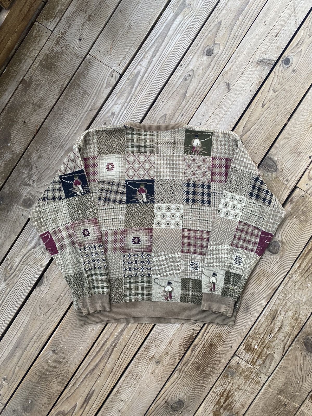 Vintage Vintage Patchwork Fisherman Beige Knit Abstract Sweater Size US L / EU 52-54 / 3 - 6 Thumbnail