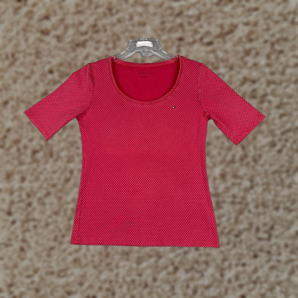 Tommy Hilfiger VINTAGE Tommy Hilfiger Shirt Womens Medium Pink Polka Dot Knit 100% Cotton Scoop Neck Short Sleeve Logo Casual 90s Size M / US 6-8 / IT 42-44 - 1 Thumbnail