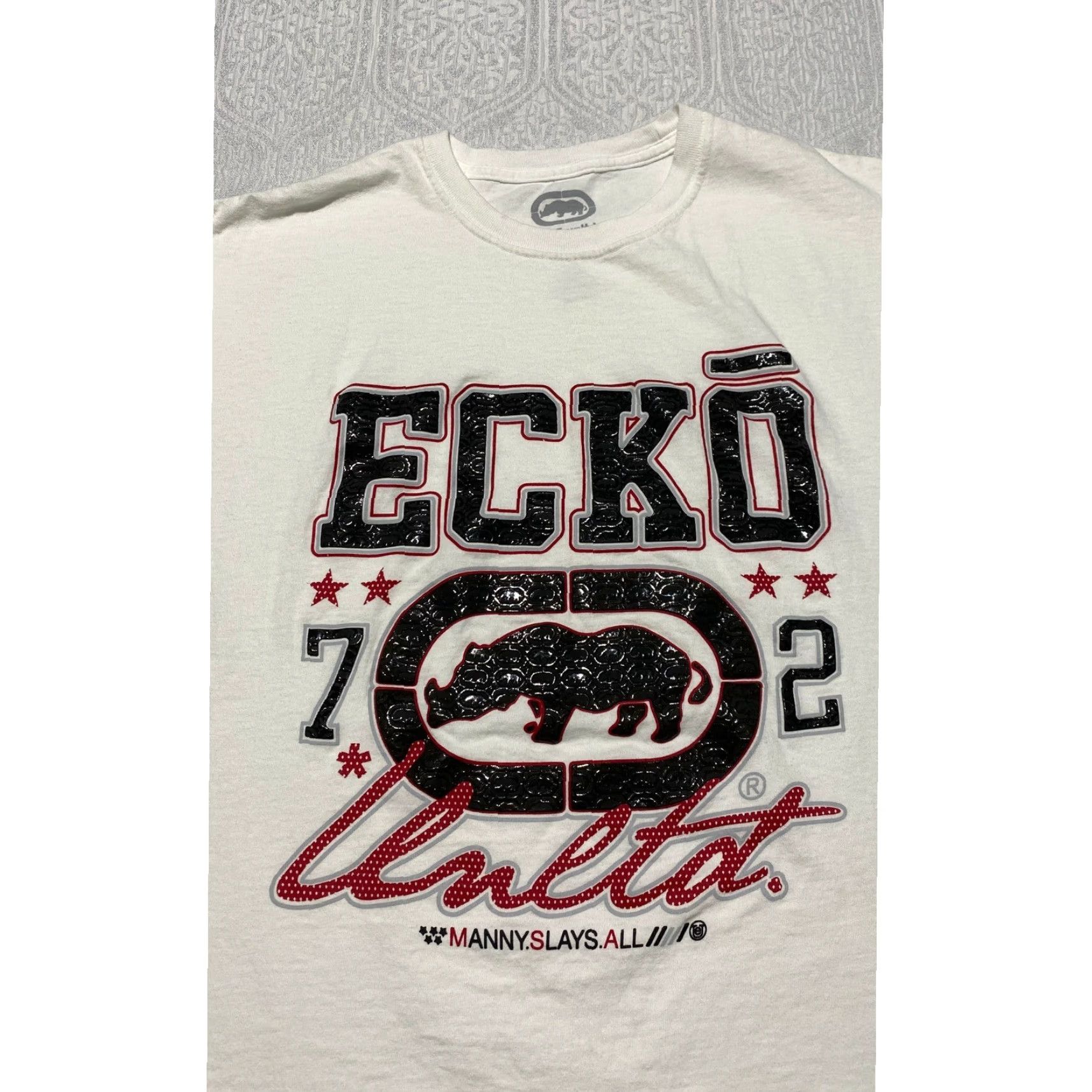 Ecko Unltd. VINTAGE Ecko Unltd Mens XL White Graphic T-Shirt Rhino Manny Slays All Y2K Streetwear Size US XL / EU 56 / 4 - 2 Thumbnail