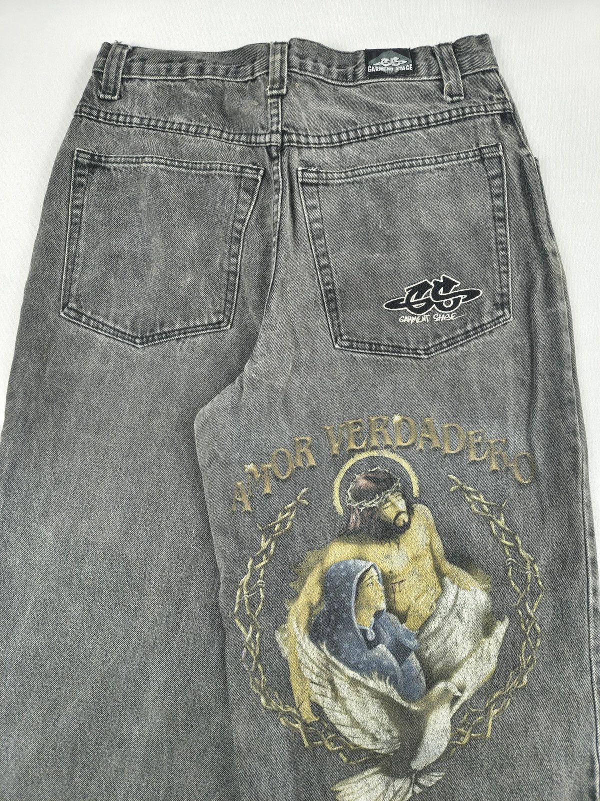 Southpole Garment Stage Y2K Grunge Religious Graphic Grey Jeans (044) Size US 32 / EU 48 - 3 Thumbnail