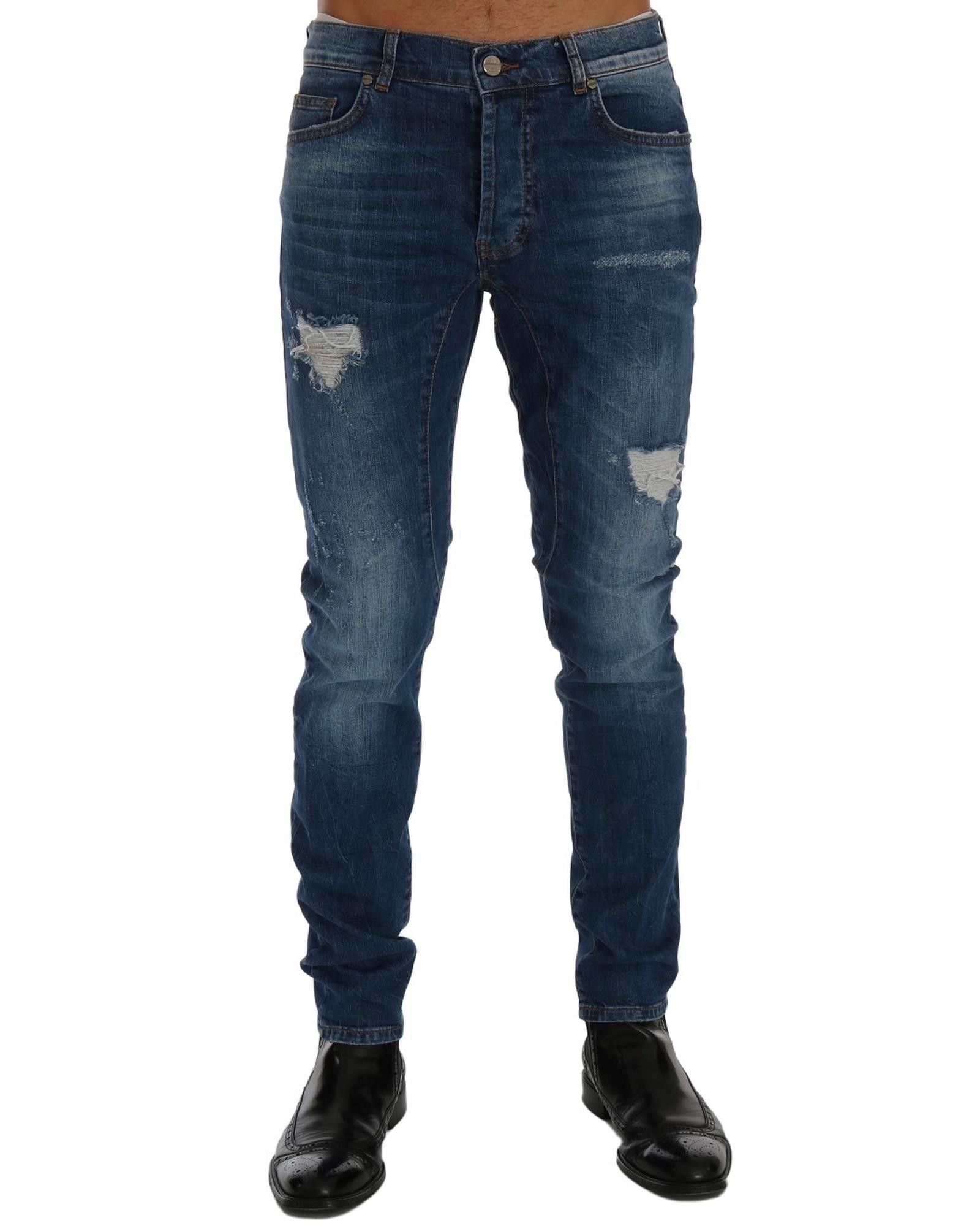 Image of Frankie Morello Wash Torn Slim Fit Jeans in Blue, Men's (Size 38)