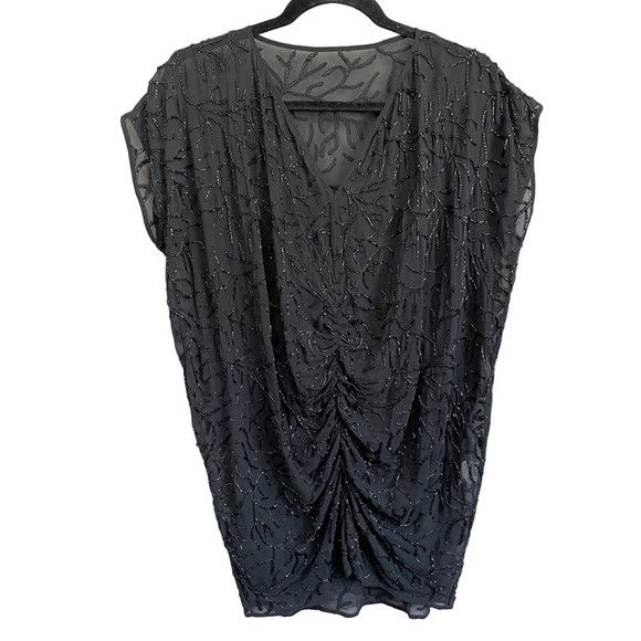 Vintage Vintage Black Beaded Silk Chiffon V-Neck Tunic Top Ruching Size M / US 6-8 / IT 42-44 - 8 Thumbnail