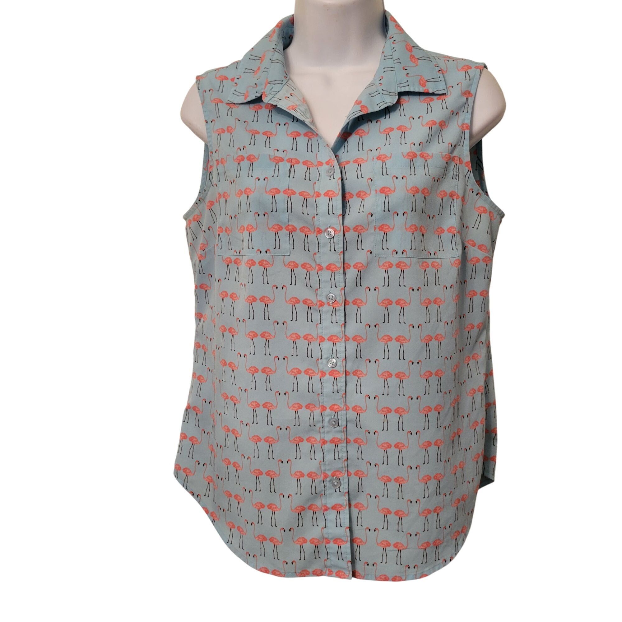 Talbots Talbots Sleeveless Button Front Shirt S Flamingos Blue Pink Size S / US 4 / IT 40 - 2 Thumbnail