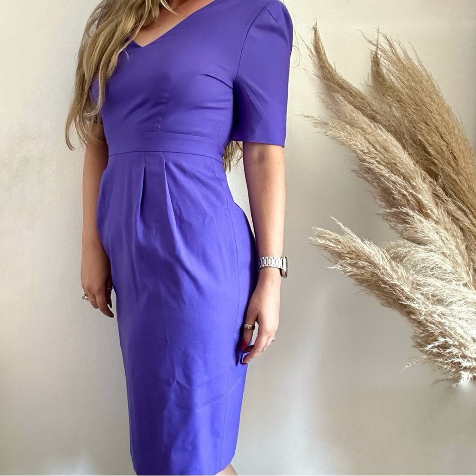 image of J Crew Super 120S Wool Purple Tank Top Knee Pleat Work Dress, Women's (Size Medium)
