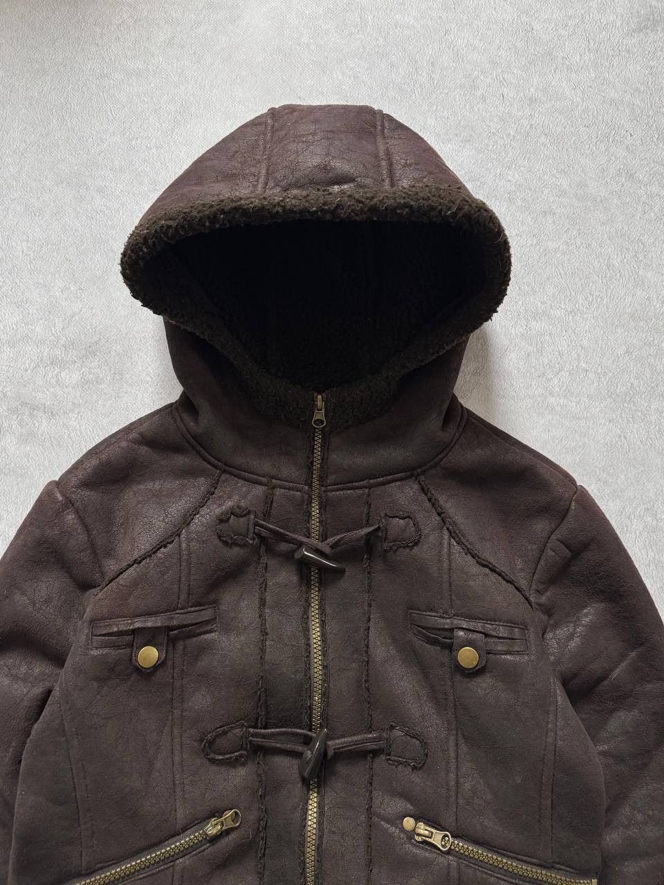 Vintage Y2K Brown Faux Shearling Hooded Toggle Jacket Distressed Size L / US 10 / IT 46 - 6 Thumbnail