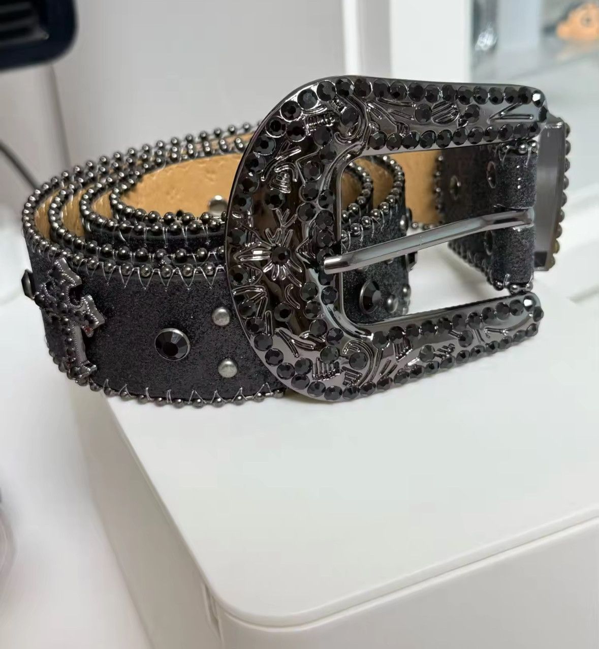 Japanese Brand Unisex Trendy Gothic Punk Cowboy Rhinestone Buckle Belt Size 38 - 5 Thumbnail
