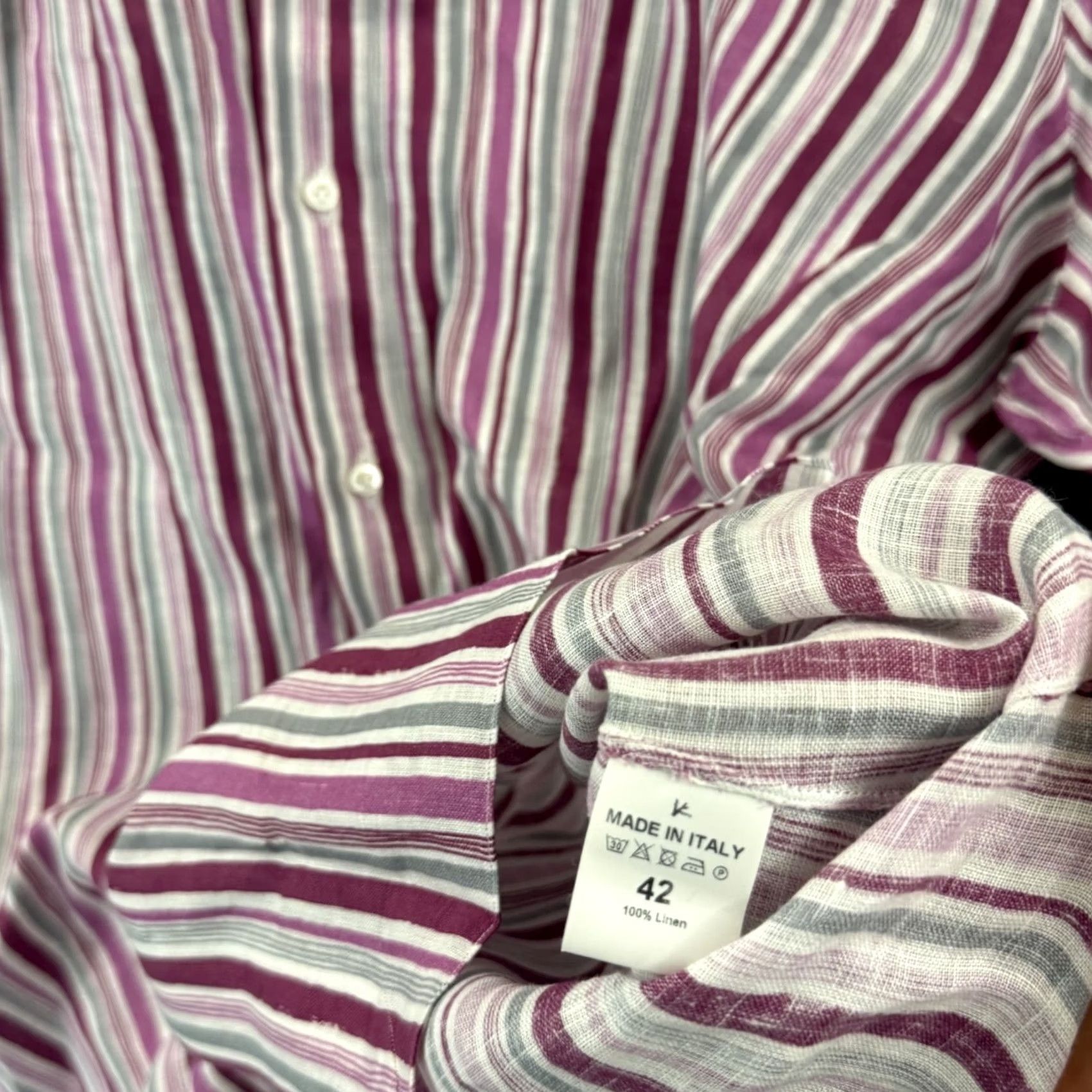 Isaia Isaia Shirt Mens 17.5 Pink Striped Linen Long Sleeve Collared Dress Button Preppy Shirt Men XL 2XL Vintage: No Size 48R - 7 Thumbnail
