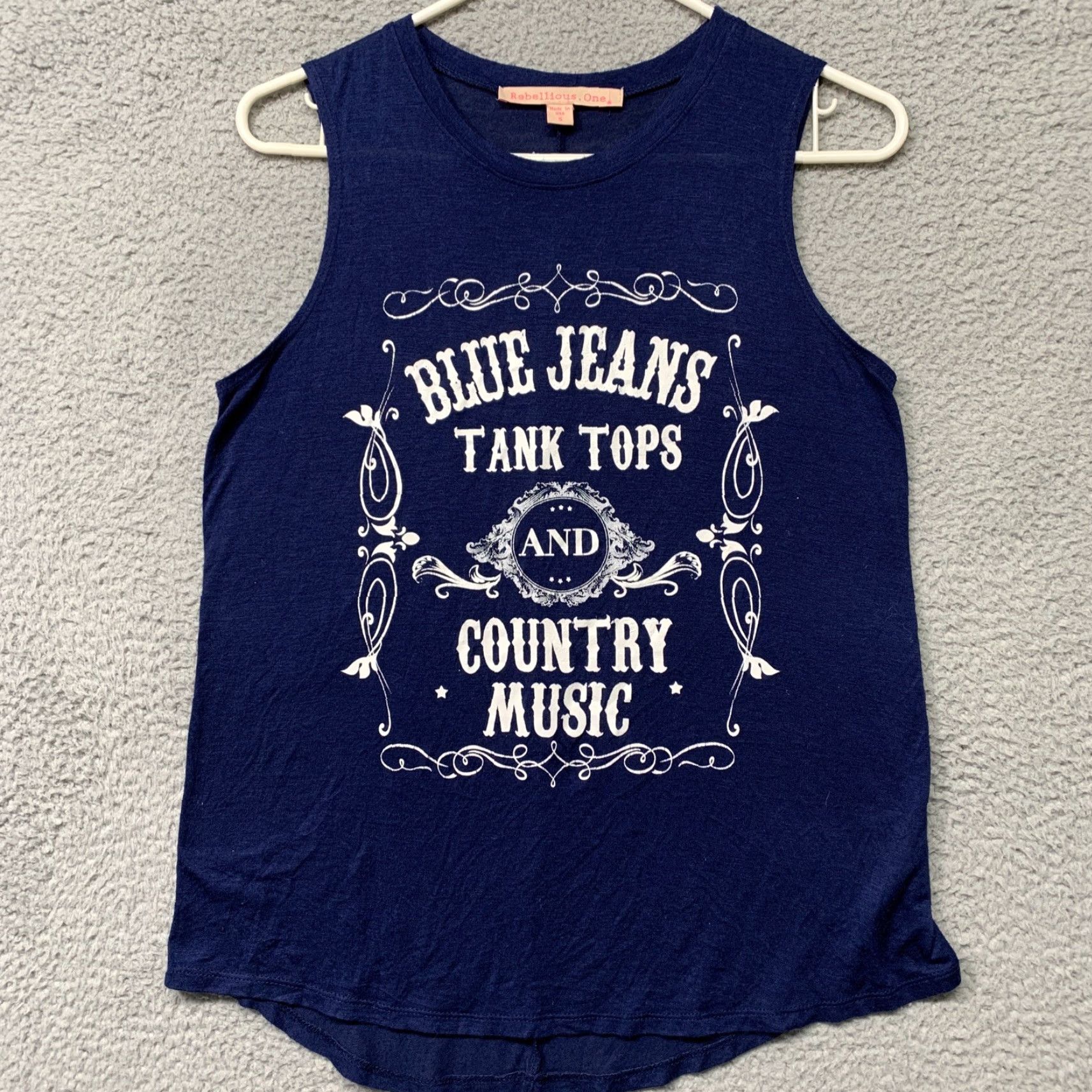 Vintage Rebellious One Tank Top Women’s Small Blue White Graphic Rounded Hem Shirt Womens Tank Top Short Sleeveless Round Neck Size S / US 4 / IT 40 - 2 Thumbnail