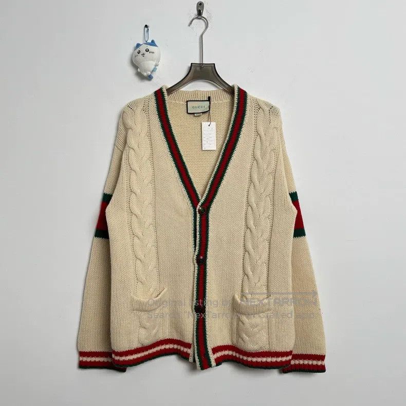 Gucci Gucci Red and green webbing wool cardigan coat Size US M / EU 48-50 / 2 - 1 Thumbnail