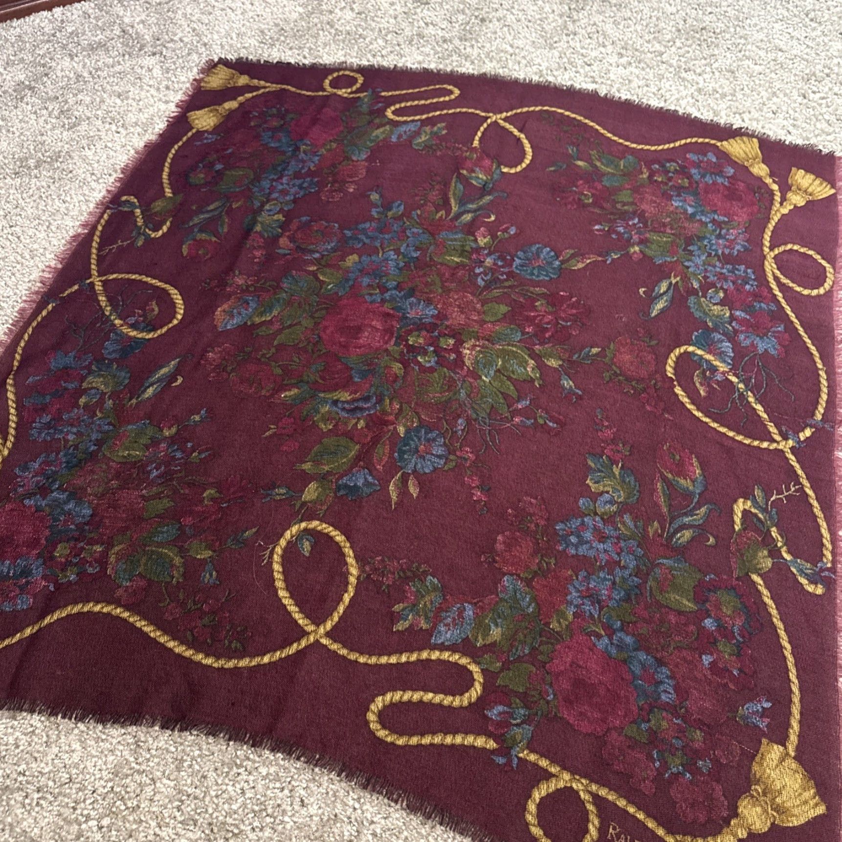 Vintage VINTAGE Polo Ralph Lauren Scarf Women's Wool Floral Rose Burgundy Red Heritage 100% Wool Size ONE SIZE - 6 Thumbnail