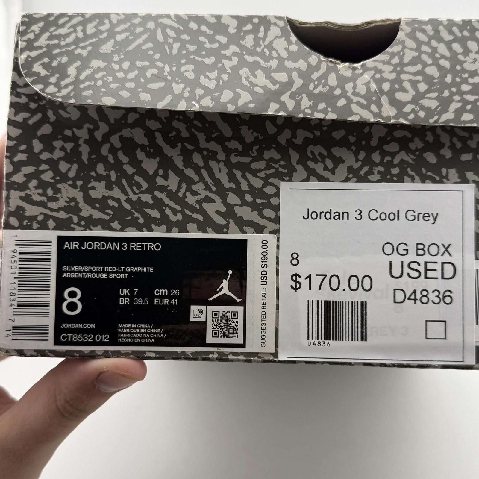 Jordan Brand Air Jordan 3 Retro Cool Grey 8 Used with Box D4836 Size US 8 / EU 41 - 8 Thumbnail