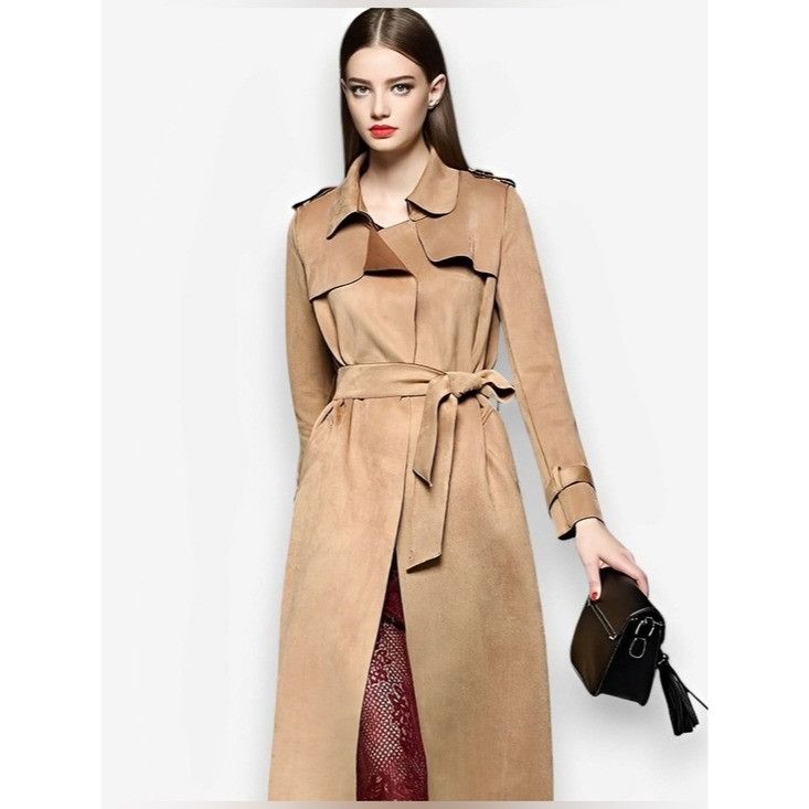 Other Few Moda Women’s Tan Long Faux Suede Trench Coat with Belt Size S / US 4 / IT 40 - 1 Thumbnail