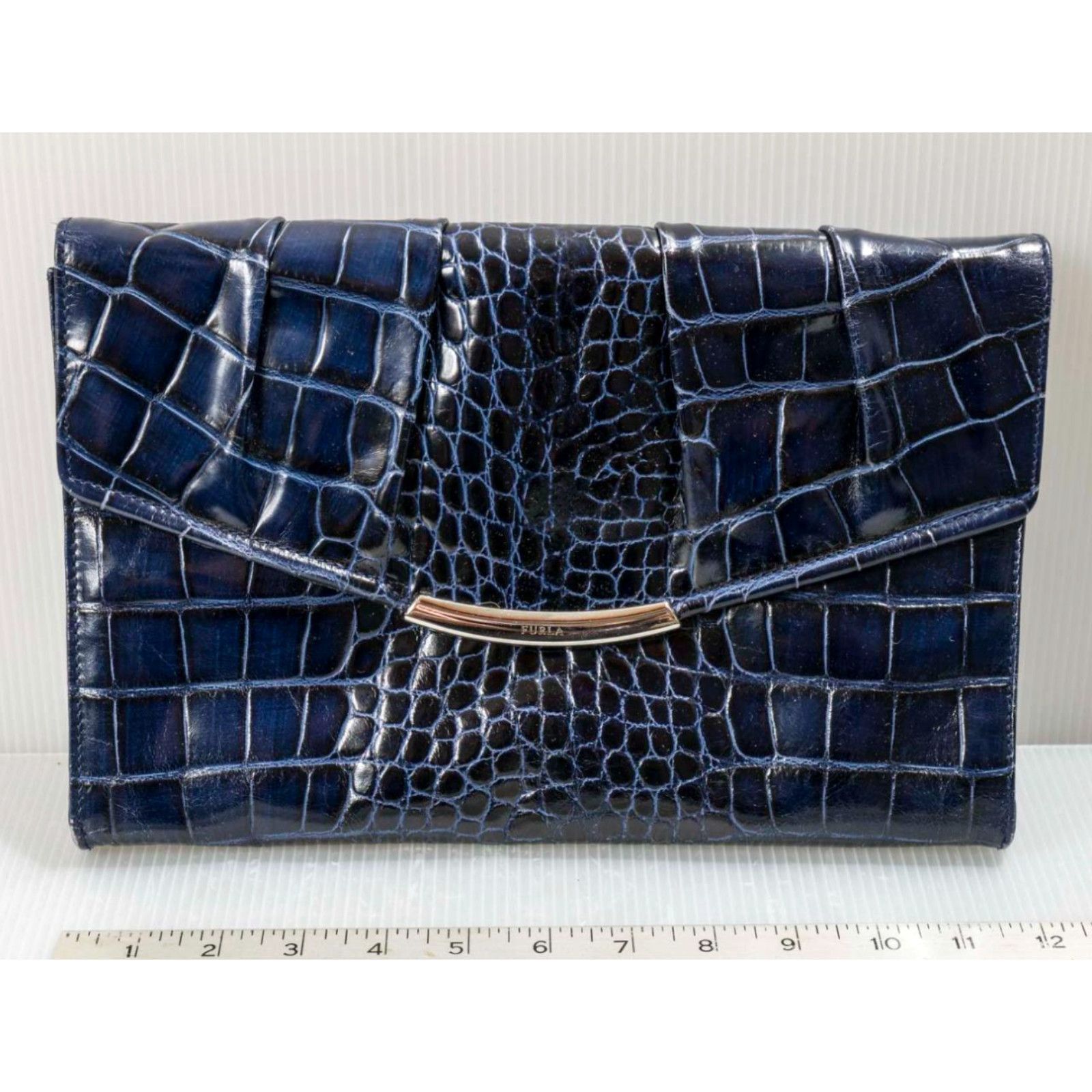 image of Furla Blue Crocodile Alligator Embossed Leather Convertible Clutch Handbag in White, Women's