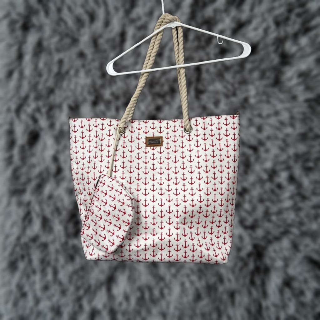 Nautica Caribbean Joe Tote Bag Anchor Print Canvas Red White Rope Shoulder Straps Large Beach Nautical Bag Womens Mens? Size ONE SIZE - 1 Thumbnail