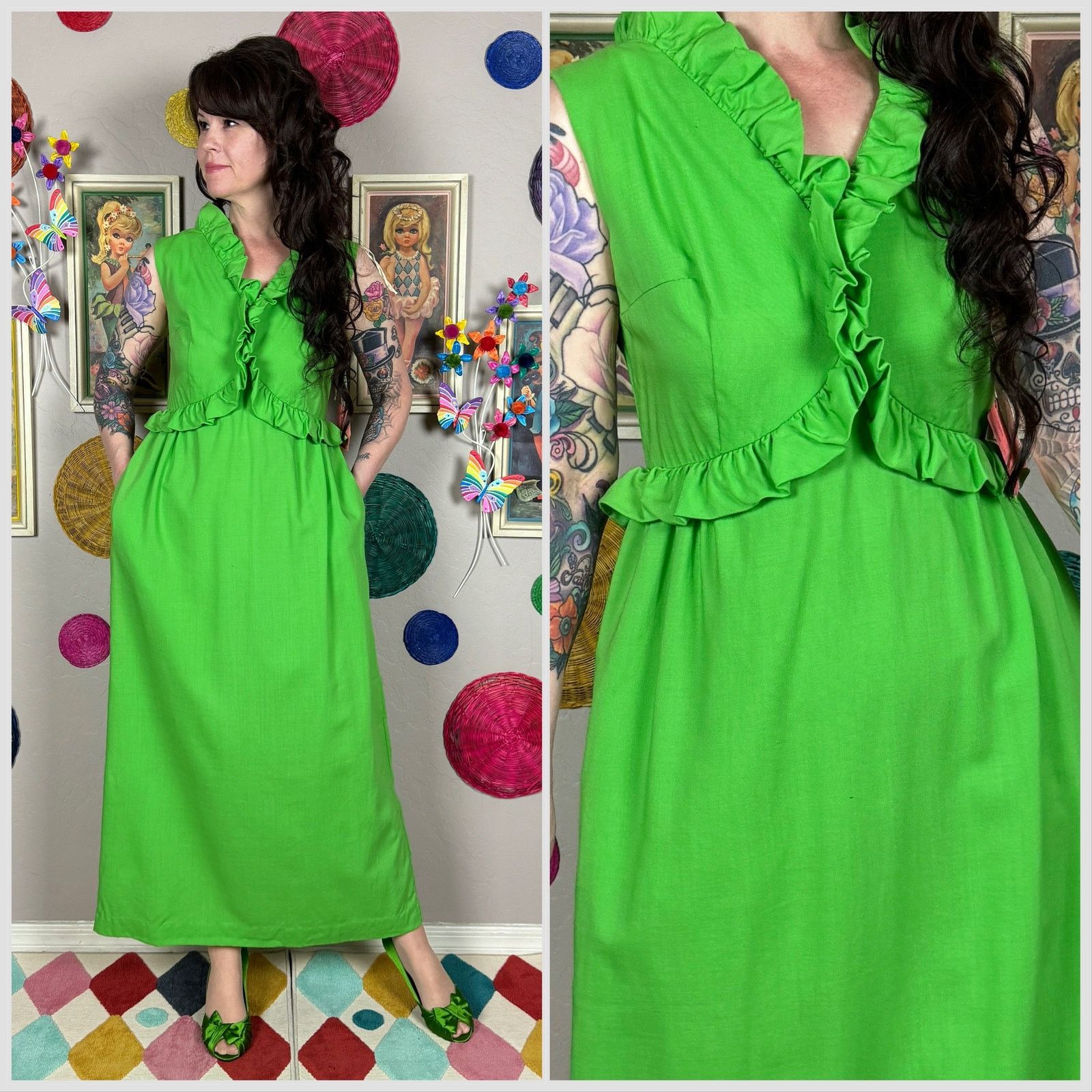 Vintage Vintage 1970s Lime Green Sleeveless Ruffled Wool Maxi Dress Size S / US 4 / IT 40 - 1 Thumbnail