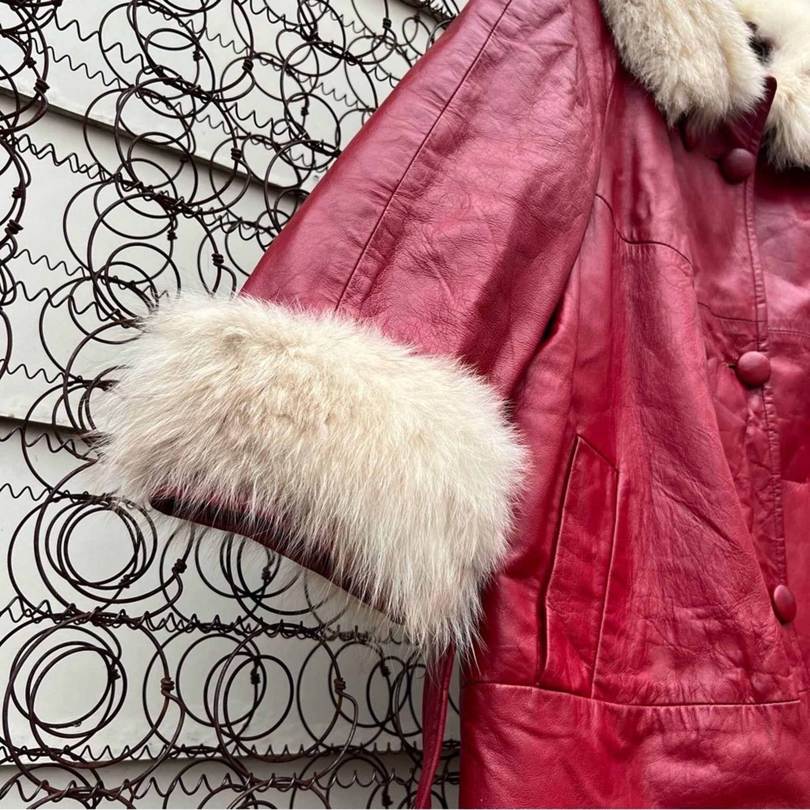 Vintage 60s 70s Red Leather Silver Fox Fur Mrs Claus Trench Coat Size XL / US 12-14 / IT 48-50 - 3 Thumbnail