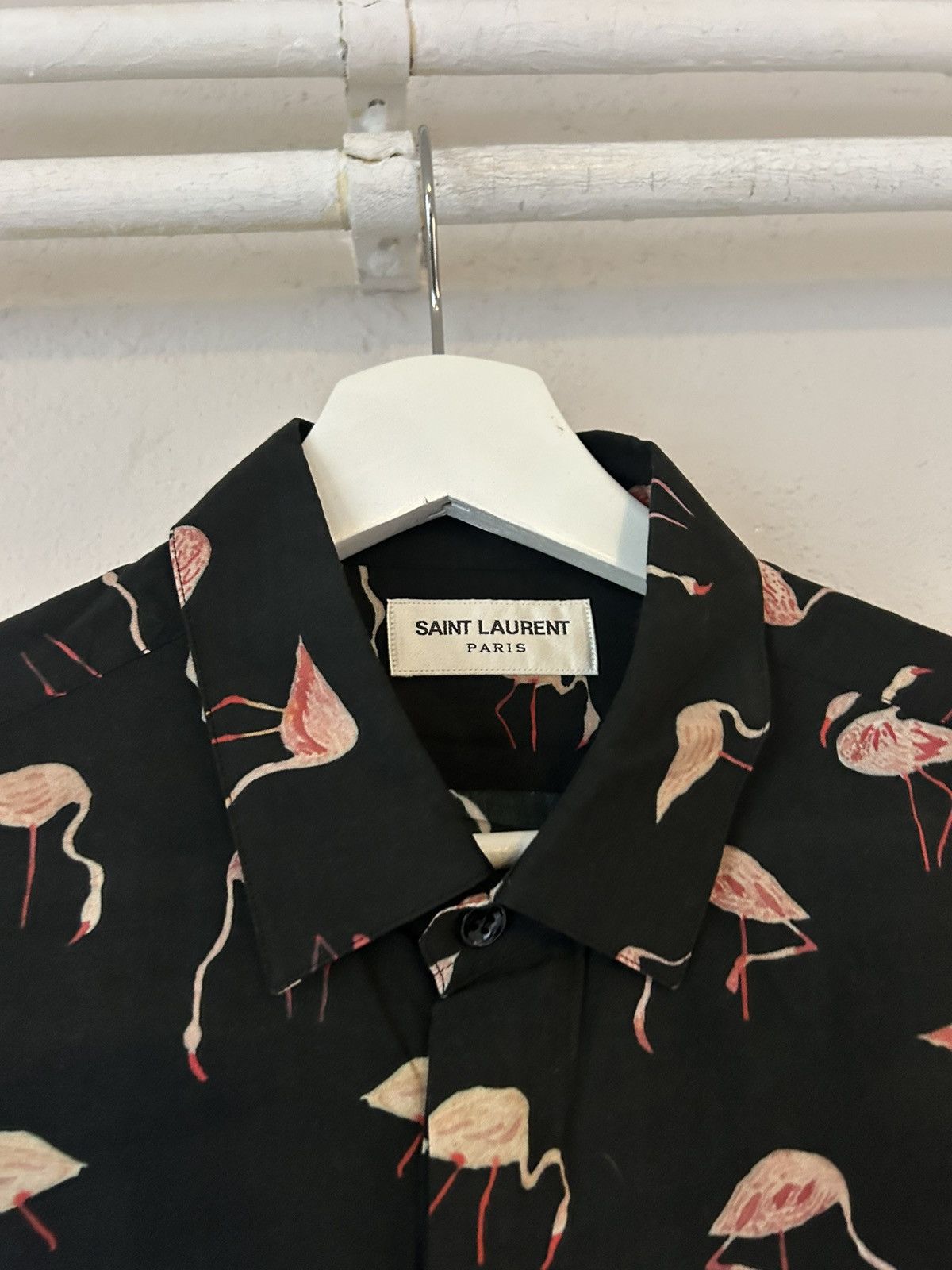 Saint Laurent Paris Saint Laurent Flamingo Print Button-Up Shirt, Black, Viscose Size US L / EU 52-54 / 3 - 4 Thumbnail