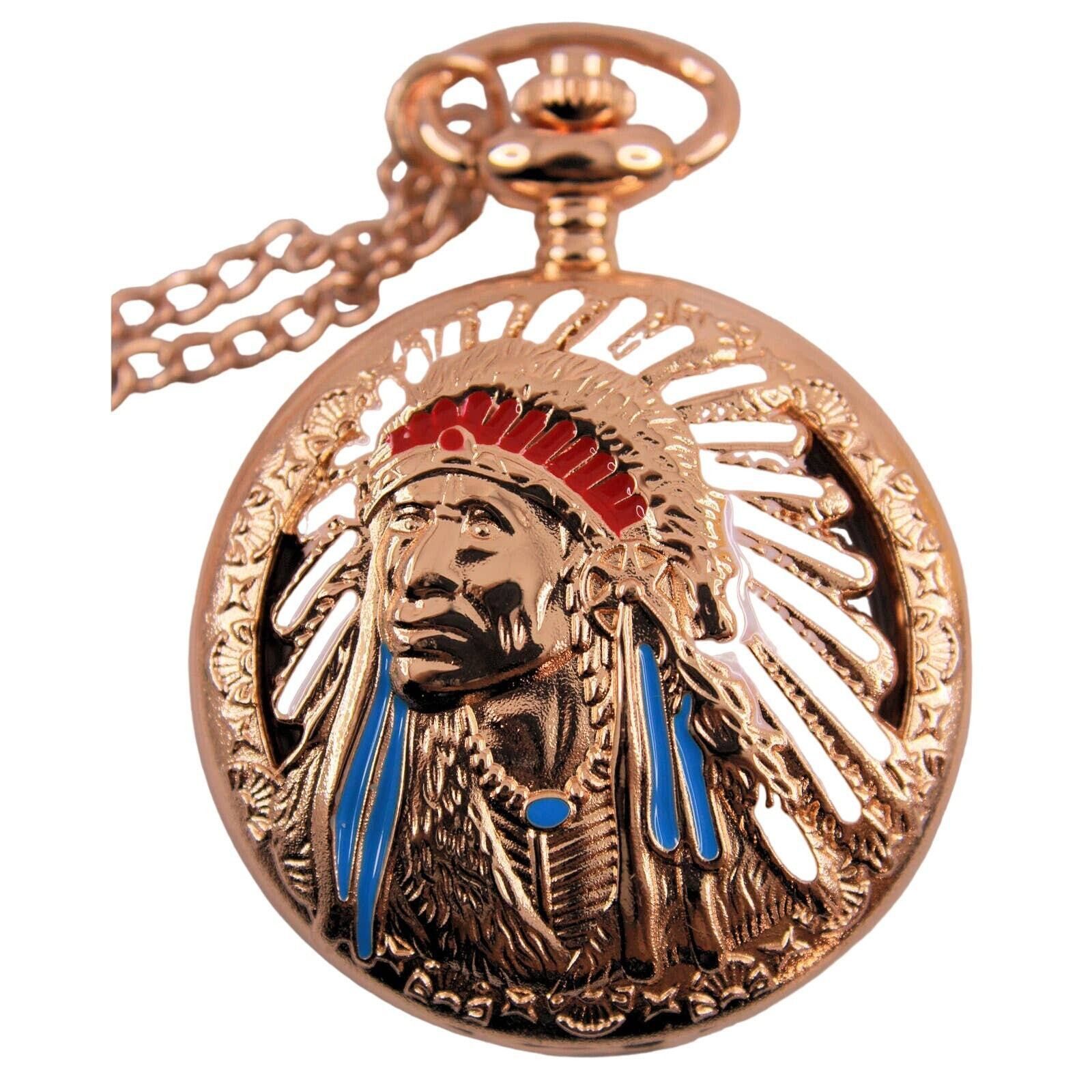 Other Native American Indian Chief Pocket Watch w/Chain Enameled Size ONE SIZE - 3 Thumbnail