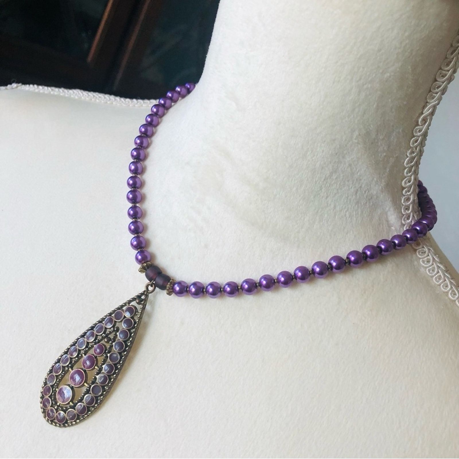 Handmade Handcrafted repurpose purple enamel raindrop Pearl necklace Size ONE SIZE - 5 Thumbnail